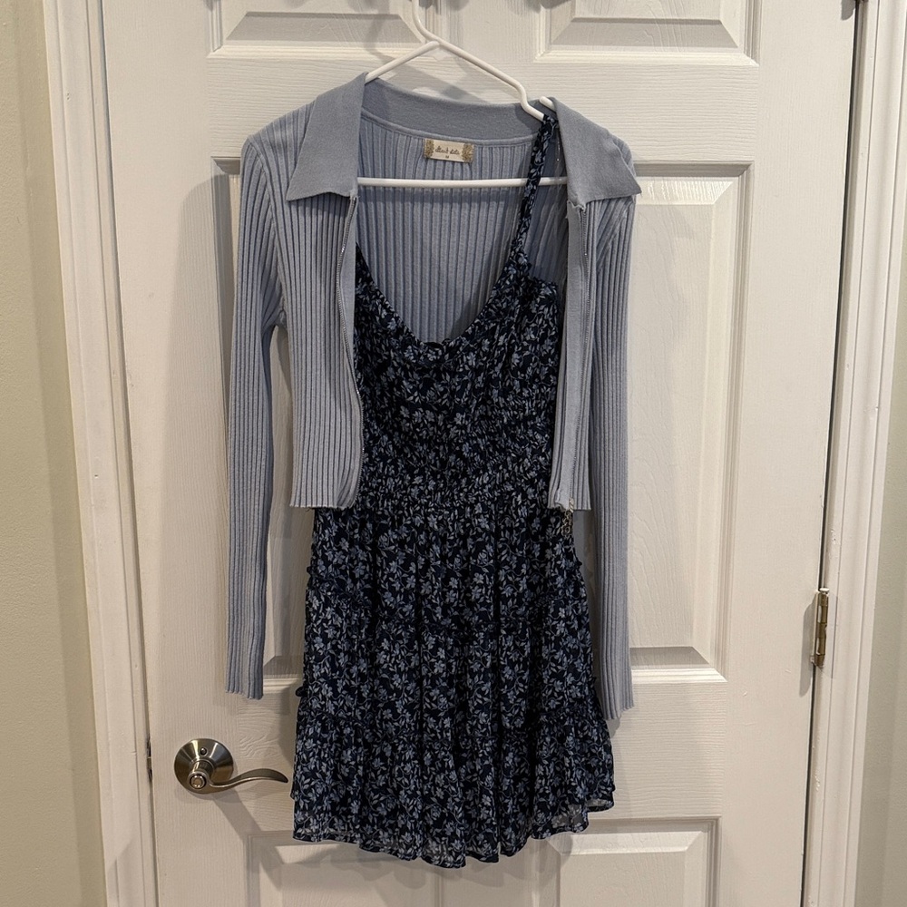 Altar'd State Navy Floral Dress with Light Blue Cardigan